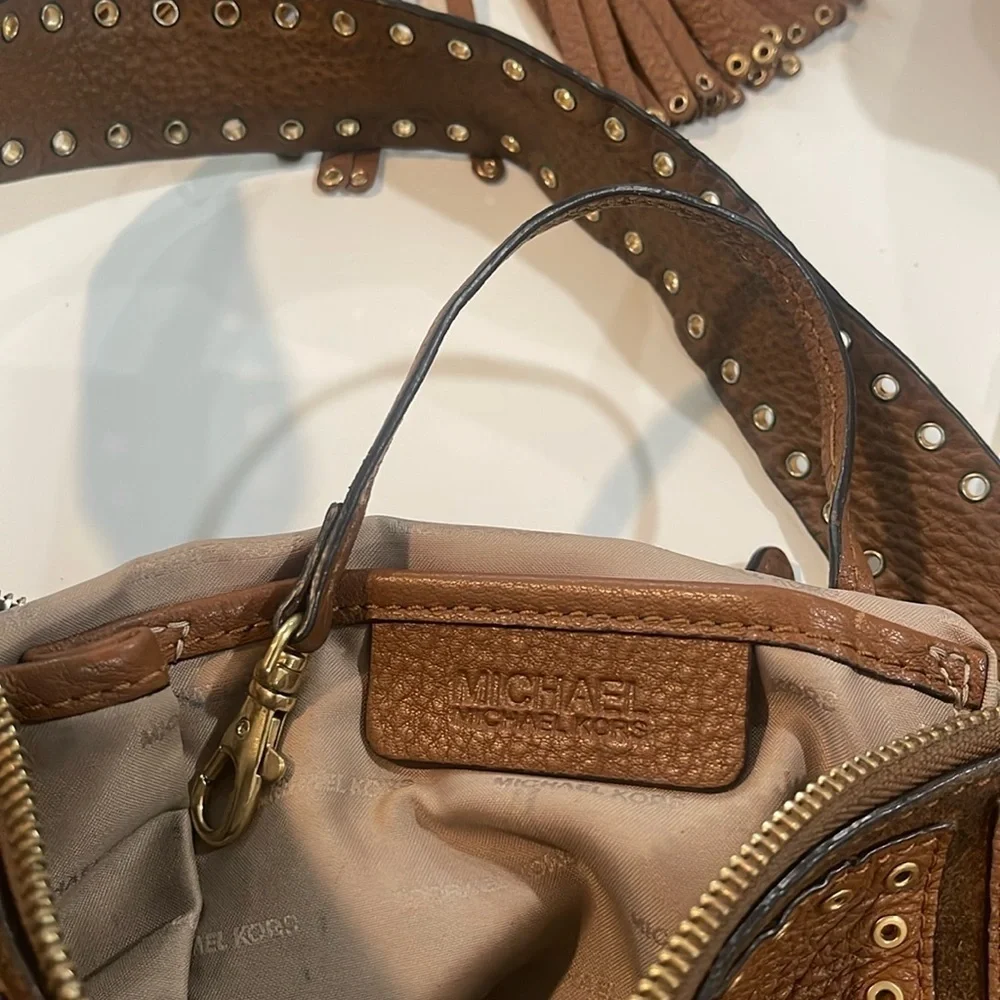 MK Michael Kors Brooklyn Grommet Leather Suede Hobo Crossbody Bag Caramel brown